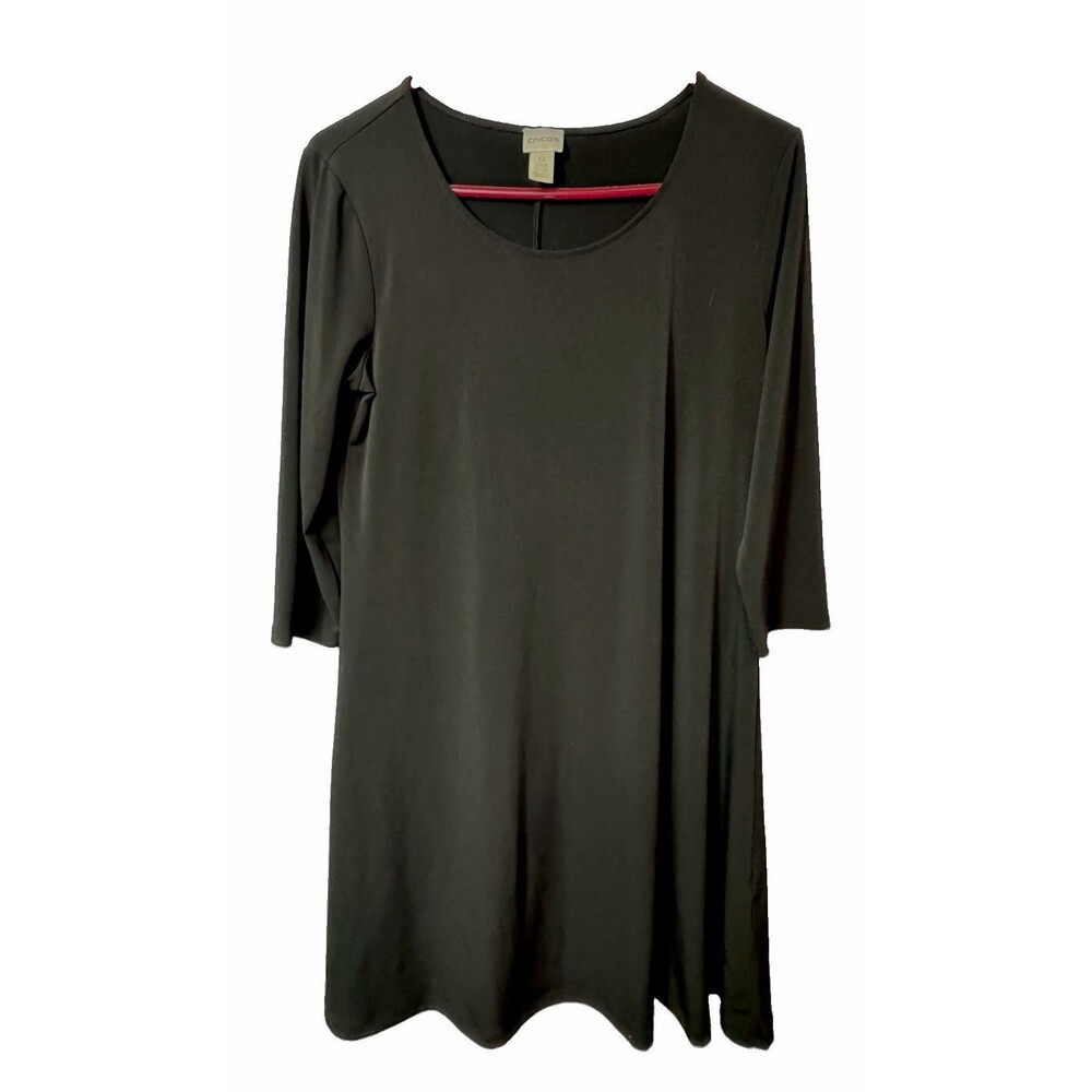 Chico's Black Solid 3/4 Sleeve Scoop Neck Shift Knee Length Dress Size 0